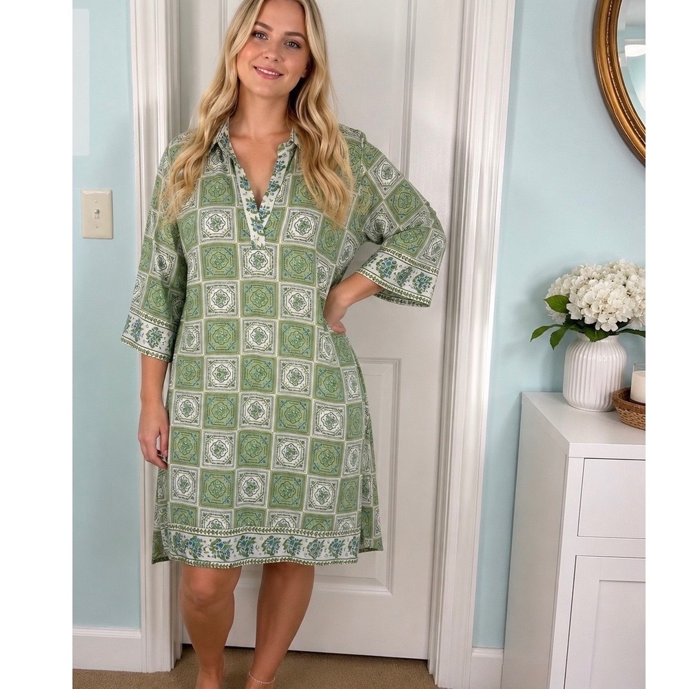 Marigold by Victoria Dunn Green Tile Floral Cotton Shift Dress XL NWT